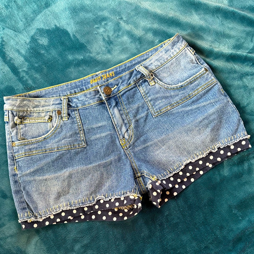 Crest Blue Jean Shorts with Distressed Hem and Polk Dot Trim